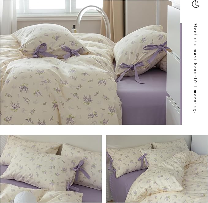 Purple Floral Duvet Cover Queen 3 Piece Cotton Flower Botanical Duvet Cover Vintage Style Lilac Floral Comforter Cover Girls Cottagecore Bedding Sets 1 Queen Duvet Cover with 2 Bow Ties Pillowcases