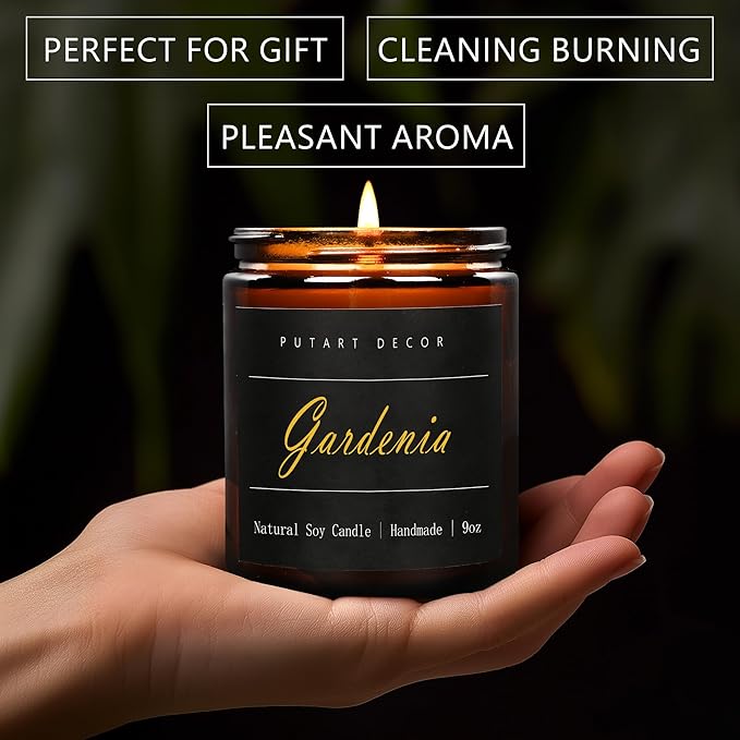 Gardenia Scented Candles for Home, 9oz Natural Soy Wax Aromatherapy Organic Santal Candle for Stress Relief, Long Burning & Lasting Jar Candle Gifts for Birthday, Housewarmings, Thanksgiving