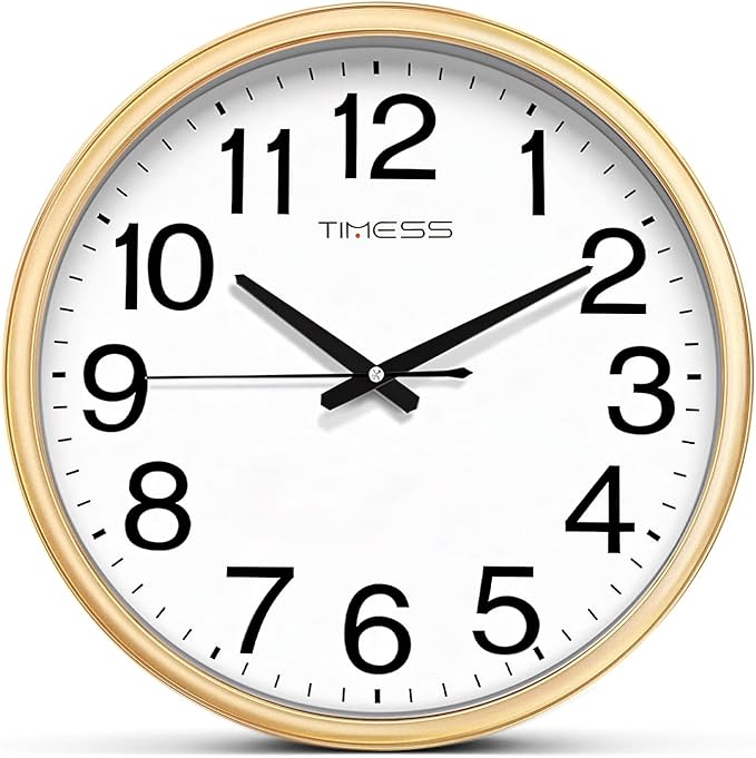 Wall Clock, 11 Inch Large Dial Non-Ticking Silent Battery Operated Quality Analog, Ultra-Quiet Movement Quartz, Timeless Stylish Clock, Ideal Modern Home, Office Décor (Gold)