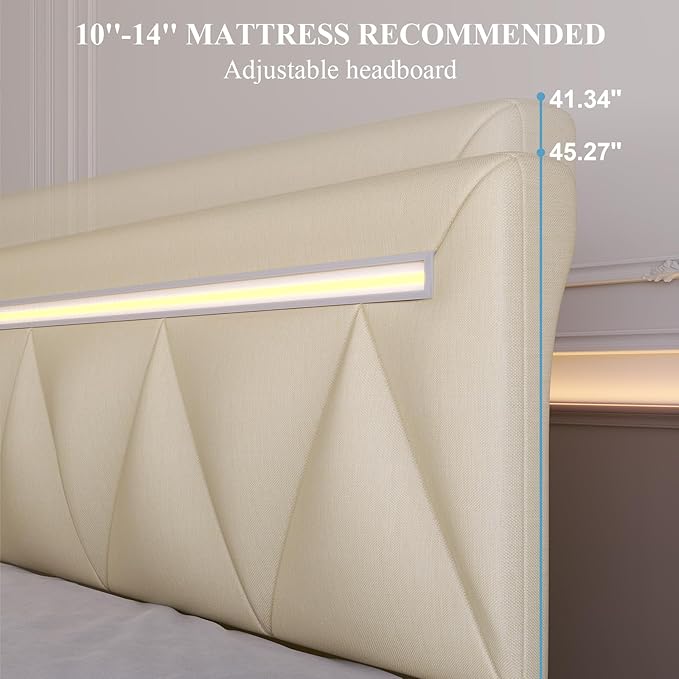 Queen Size Bed Frame with Bluetooth Speaker, LED Lights and Charging Station, Faux Leather Linen Fabric Adjustable Headboard,Modern Upholstered Bed, Wood Slat Support, Easy Assemble, Beige