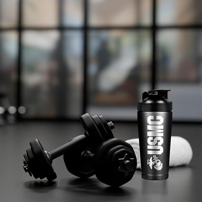 Military Gift Shop 24 oz Insulated USMC Shaker Bottle with Marine Corps Logo–24oz Water Bottle–Cup for Protein Shakes USMC Gifts | USMC Shaker Cup