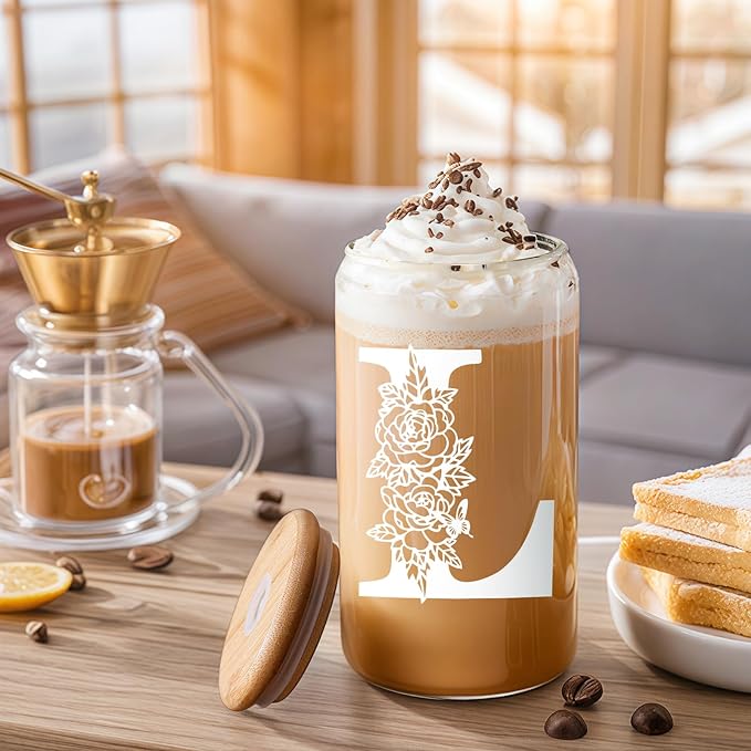 Christmas Gifts for Women: Initial Glass Cup as Office Graduation Memorial Holiday Personalized Gifts - for Mom Grandma Wife Girlfriend Sister Daughter Friend Christmas Gifts - L Aesthetic Cup