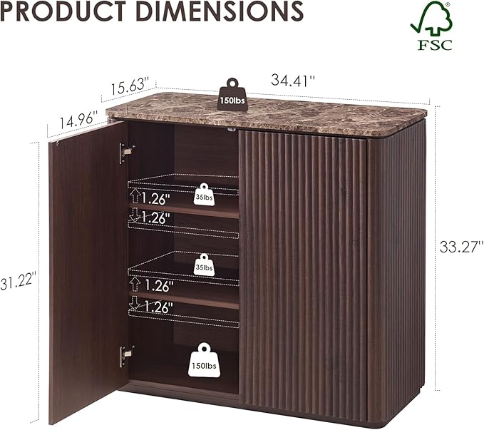 Fluted 2 Doors Sideboard Cabinet with Storage-Wooden Credenza w/Shelves, Faux Marble-Top Coffee Bar Console Table, Modern Buffet Cabinet for Dining, Kitchen, Living Room, Entryway, Dark Oak, 2pcs