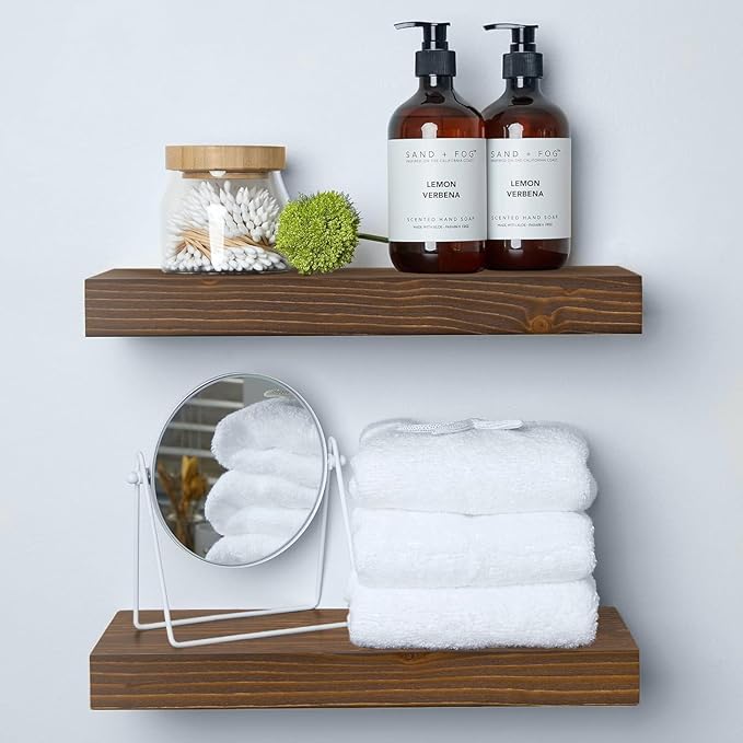 Homeforia Classic Walnut 16 inch Floating Shelf, High End Solid Real Wood Small 16inch Floating Shelves for Wall Mounted, 16in Floating Shelves, Heavy Duty Bracket, 16 X 6.5 X 1.75 inches, Set of 3