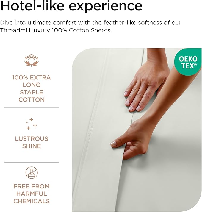 Threadmill 100% Cotton Sheets for Cal King Size Bed - 600 Thread Count Cal King Bed Sheets Set with 16” Deep Pocket - Sateen Weave 4-Piece Bedding Set with Cooling Effect, Light Grey