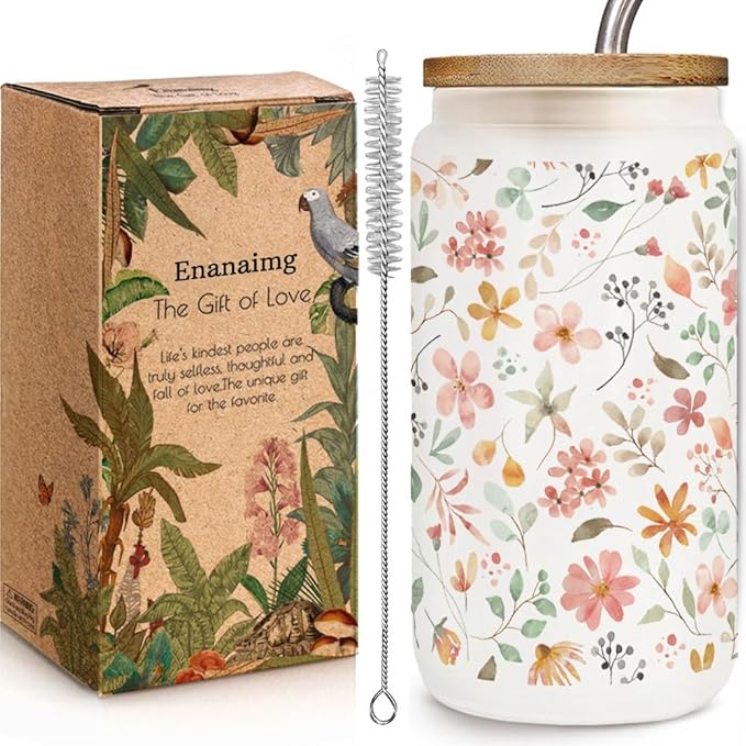 Floral Iced Glass Cups with Bamboo Lids and Straws 16oz Wildflower Coffee Cup Gift for Women Cute Flower Drinking Glass with Cleaning Brushes Gifts for Mother Birthday Bridesmaid Party