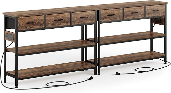 Lulive 2 Pack Entryway Tables with Power Outlets, Console Table with 3 Fabric Drawers, Sofa Table for Living Room, Hallway, Couch, Foyer, Height Adjustable