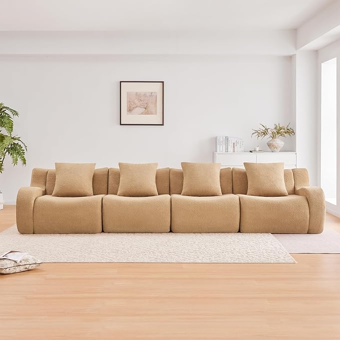 Camel 4-Seater Cloud Couch, Modern Teddy Fabric Boneless Sectional Sofa in a Box for Living Room, Modular Floor Couch, Comfortable Deep Seat, No Assembly Required, Sofas para Sala