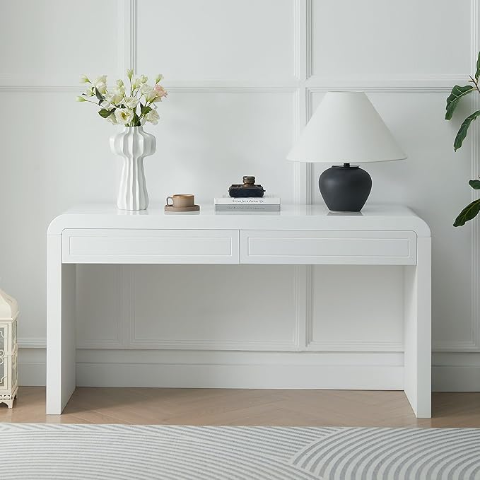 Merax 60" Entryway Console Table with Storage, 2 Drawers with Functional Divider/Retro Curved Design/Behind Couch & Sofa, White