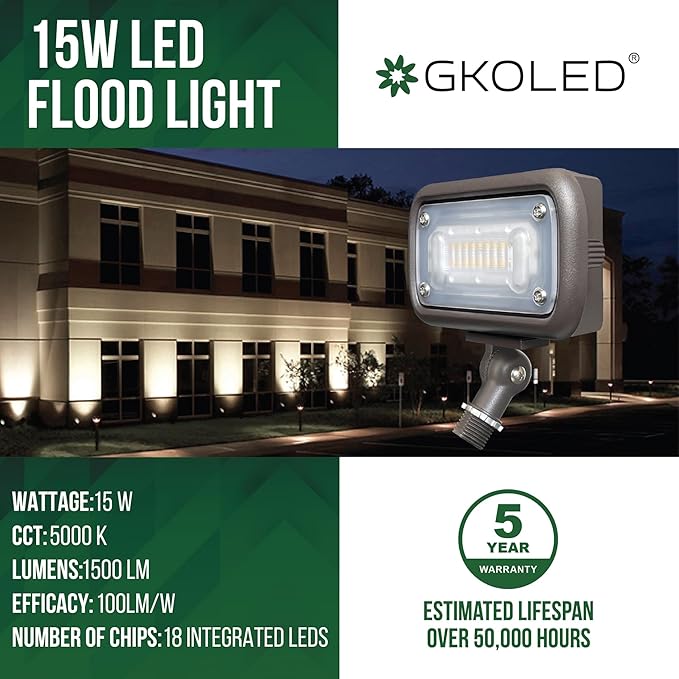 GKOLED 15W LED Floodlight, Outdoor Security Fixture, 1500 Lumens, 50W MH Equivalent, 5000K Daylight White, 120-277V, UL-Listed (2 Pack)