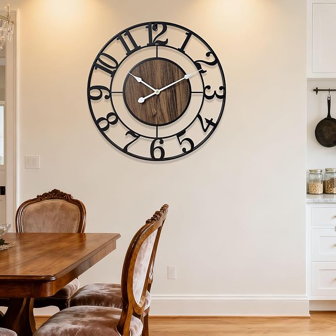 Large Metal Wall Clock, 20 Inch Retro Decorative Silent, Non Ticking, Battery Operated Modern Big Wood Wall Clock for Living Room, Farmhouse, Bedroom, Fireplace, Kitchen, Office, Home Decor