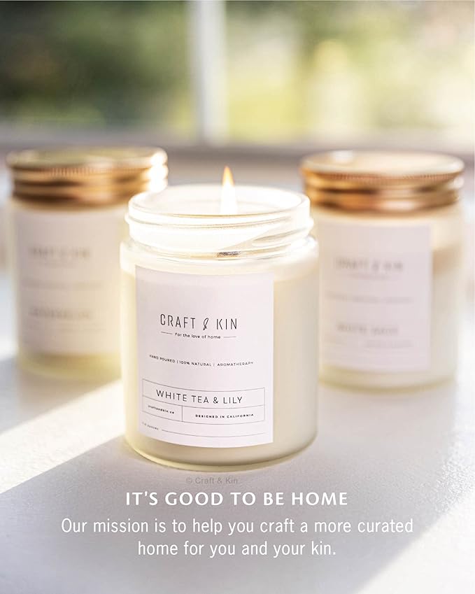 Craft & Kin White Tea & Lily Christmas Scented Candle | 8 Oz 45 Hour Long Lasting | Classic Soy Scented Woodwick Holiday Candles | Made with Natural Soy | Winter Candles Gifts for Men and Women