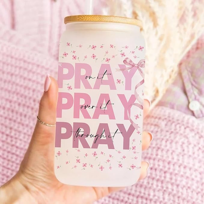 Pray on It Pray over It Pray Through It Prayer Glass Cup 16oz Christian Gifts for Women Inspirational Gifts for Women Cancer Care Gifts for Women Get Well Gifts for Women