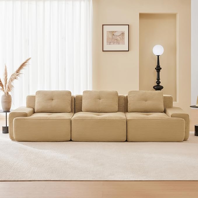 115" Modern Corduroy Cloud Sofa, Boneless Modular Large Sectional Couches for Living Room, Camel 3 Seater Compressed Memory Foam Couch, Extra Deep Seat, No Assembly