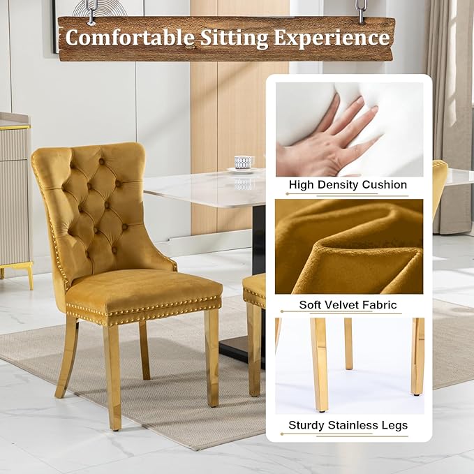 Goujxcy Round Dining Table Set for 6, Modern Glass Kitchen Table and Chairs Set of 6, 7-Piece Dining Room Table Set w/47 Circle Gold Glass Dining Table and 6 Upholstered Velvet Chairs