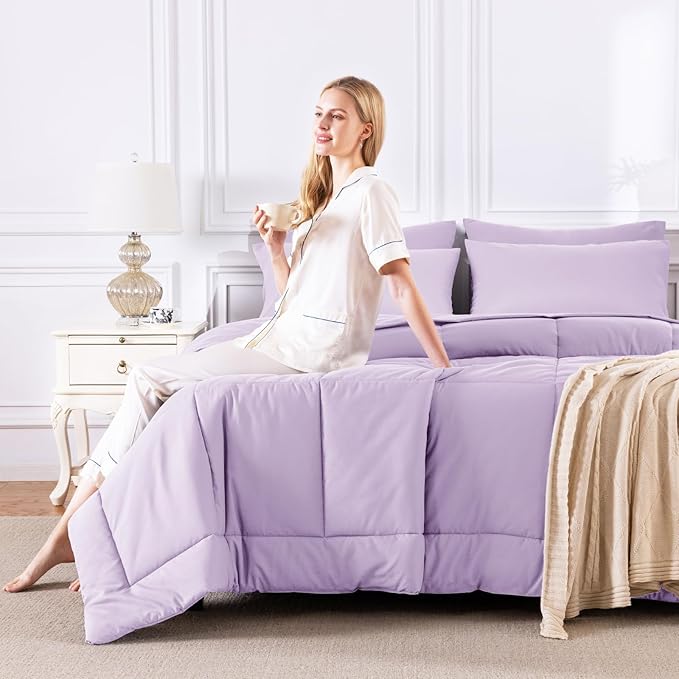 CozyLux Queen Comforter Set Lavender, 7 Pieces Bed in a Bag, Light Purple Comforter Queen Size, All Season Bedding Sets with Stitch Quilted Comforter, Flat Sheet, Fitted Sheet, Pillowcases