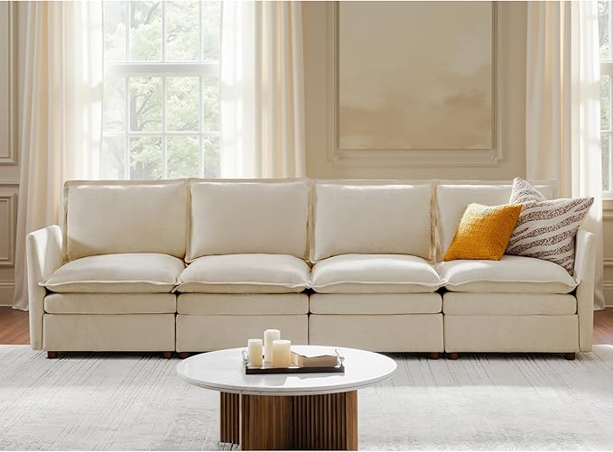 HULALA HOME 128'' Oversized Modular Sectional Sofa with Dual-Layered Cushions, 4 Seater Sofa with Storage Ottoman and Removable Cover, Modern Deep Seat Cloud Couch for Living Room, Beige