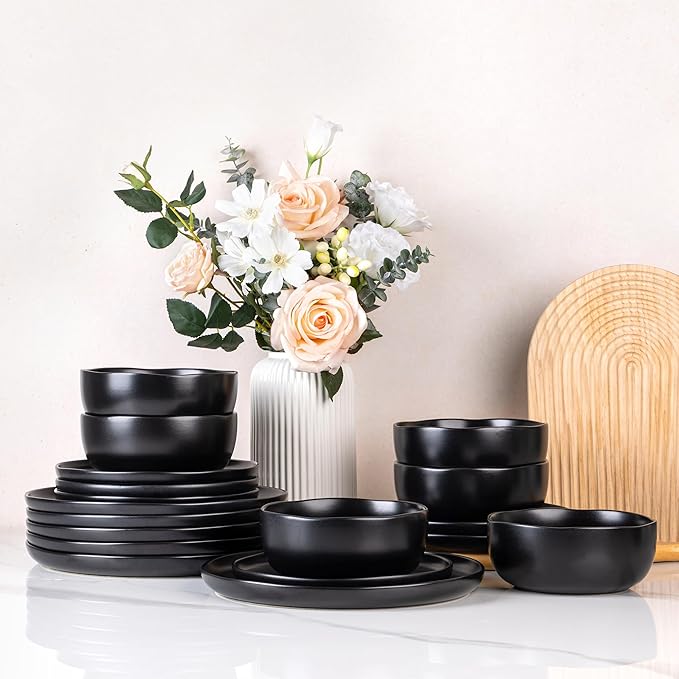 AmorArc Ceramic Dinnerware Sets, Wavy Rim Stoneware Plates and Bowls Sets, Highly Chip and Crack Resistant | Dishwasher & Microwave & Oven Safe Dishes set, Service for 8 (24pc)