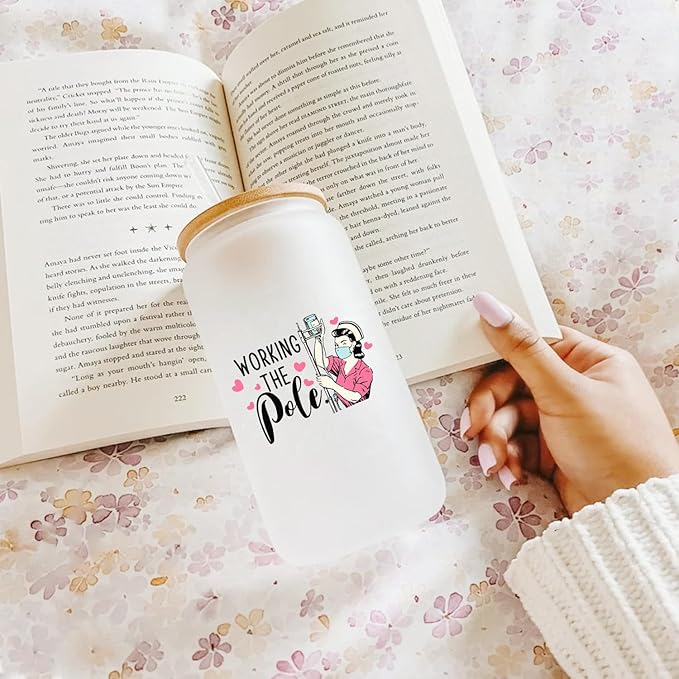 Funny Nurse Gift, Nurse Gifts for Women 16oz Glass Cup With Lid And Straw, Nurse Accessories for Work Nurse Supplies for Nursing Student Friends Sister Bestie Coworker Birthday