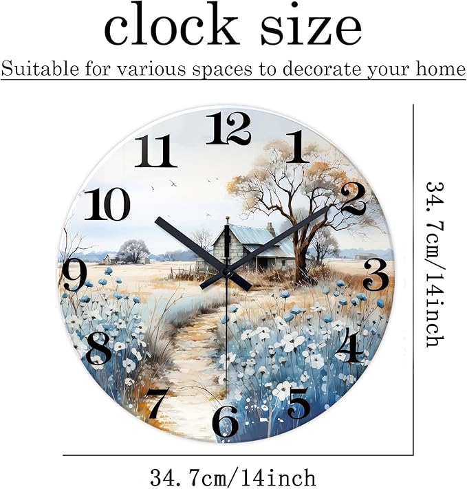 XNM Kitchen Wall Clocks Battery Operated 14 Inch Blue Wall Clock Silent Wood Farmhouse Clock for Wall(No Solid Wood, It is with MDF Material)