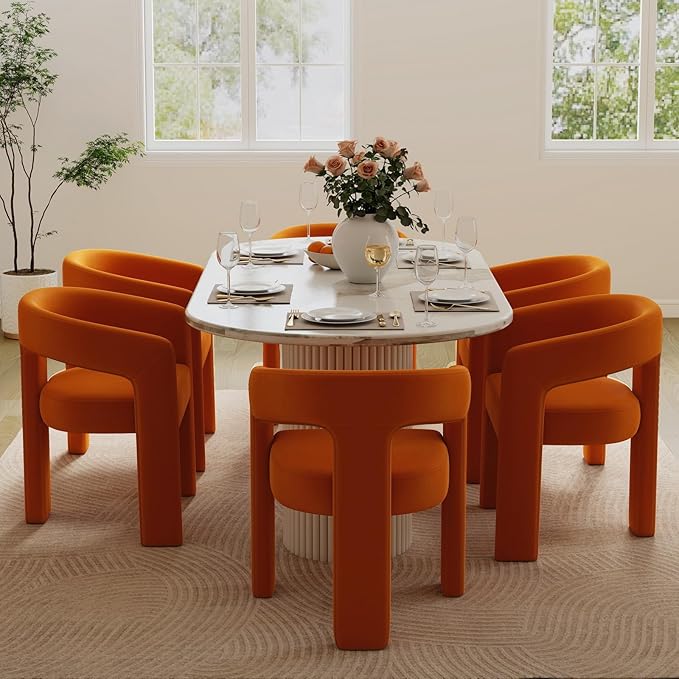 Set of 6 Modern Velvet Fabric Upholstered Dining Chairs with Open-Back, Cute Barrel Side Chairs Kitchen Armchair Accent Chairs for Dining Room Bedroom, Orange