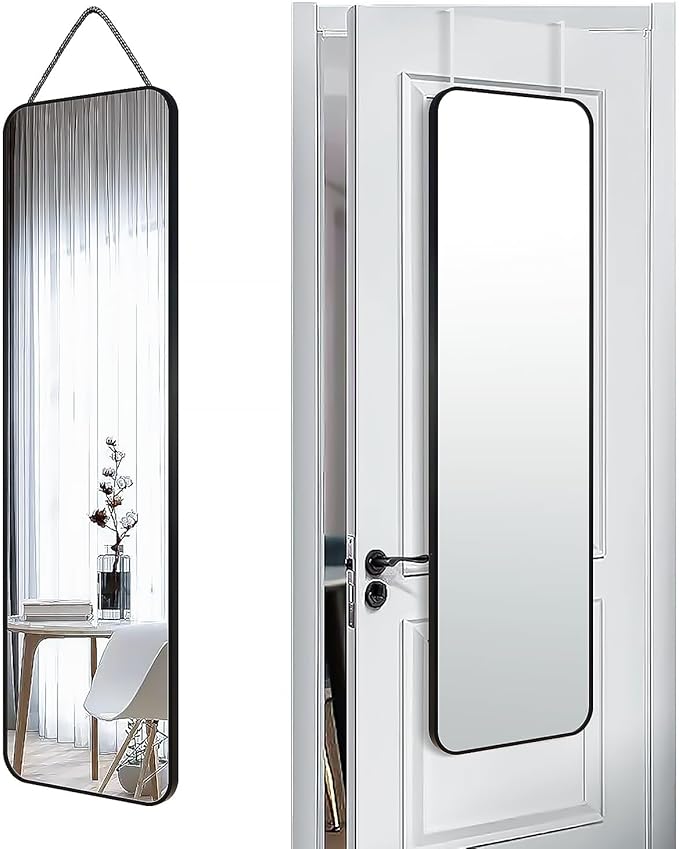 47x14 Mirror Full Body Length Door Hanging/Rope Hang/Wall Mounted Metal Frame Rectangle Mirrors for Bedroom Bathroom Dressing Living Room 47 inch Black