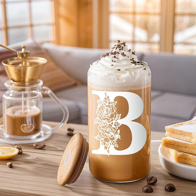 DWTS DANWEITESI Birthday Gifts for Women: Initial Glass Cup as Office Graduation Memorial Holiday Personalized Gifts - for Husband Aunt Uncle Teen Boy Employee Coworkers Him and Her - B Aesthetic Cup