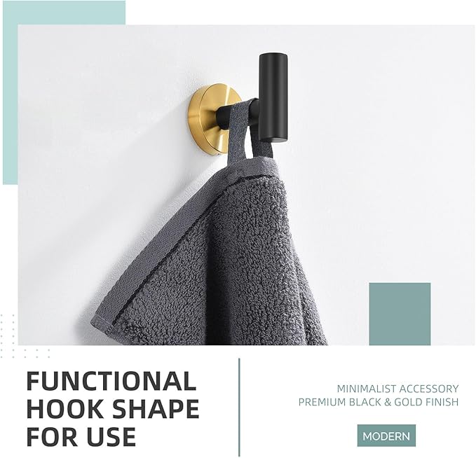 Angle Simple Towel Hook Black & Gold, Stainless Steel Bathroom Towel Holder, Round Clothing Robe Hook Wall Mount