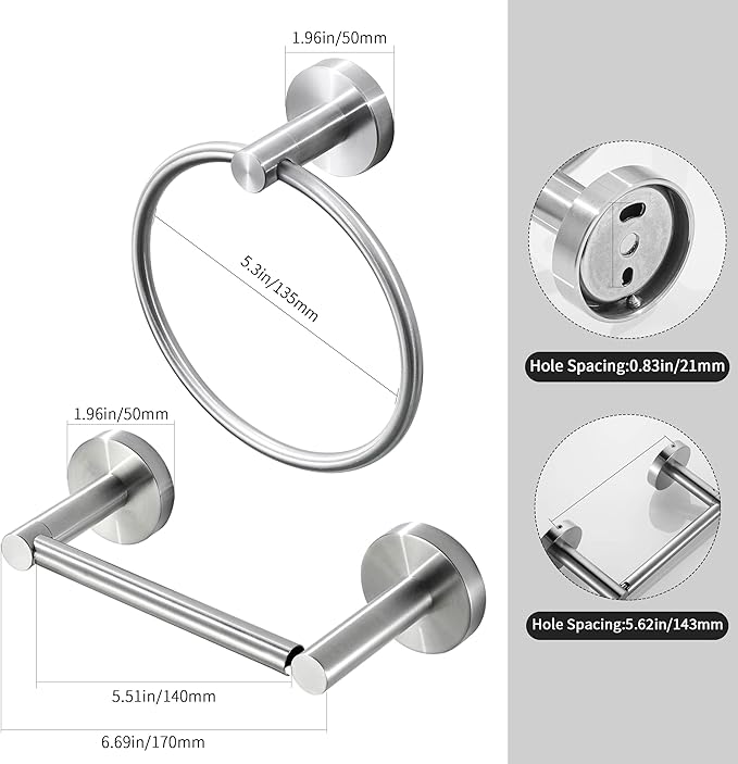 Brushed Nickel Toilet Paper Holder Towel Ring, Hand Towel Holder and Toilet Roll Holder Double Post Pivoting Bathroom Accessories Wall Mounted Bathroom Hardware Set Stainless Steel, 2 Pieces