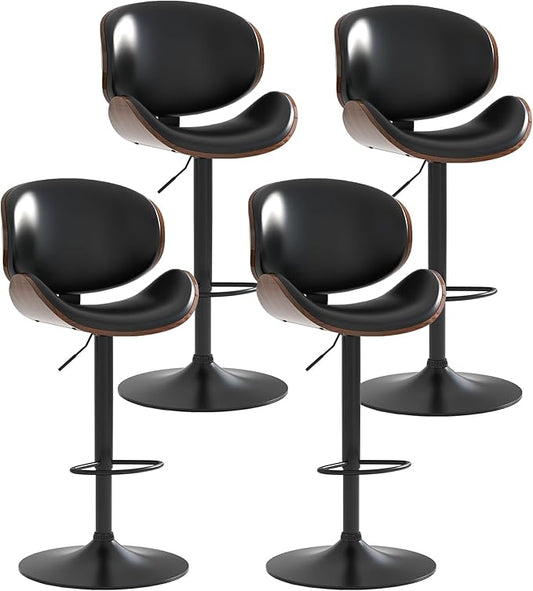 Adjustable Swivel Bar Stools Set of 4, Modern Bentwood Barstool with Large Metal Base and Footrest, PU Leather Upholstered Bar Chair with Curved Back for Kitchen Island Dining Room, Black