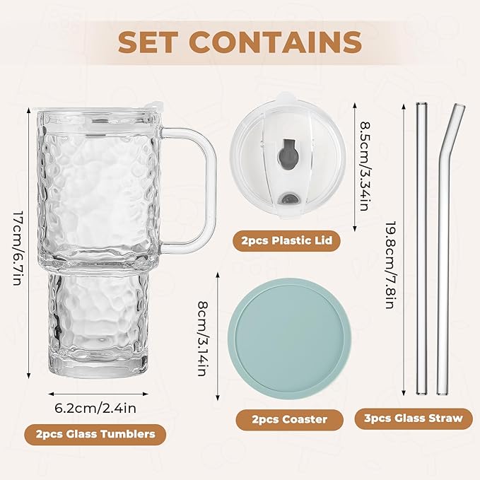 17oz Water Glass Tumbler with Handle & Lid, Reusable Iced Coffee Cups with Straws – Set of 2, Glass Cups Travel Mug for Smoothies, Juice, Coffee, Tea