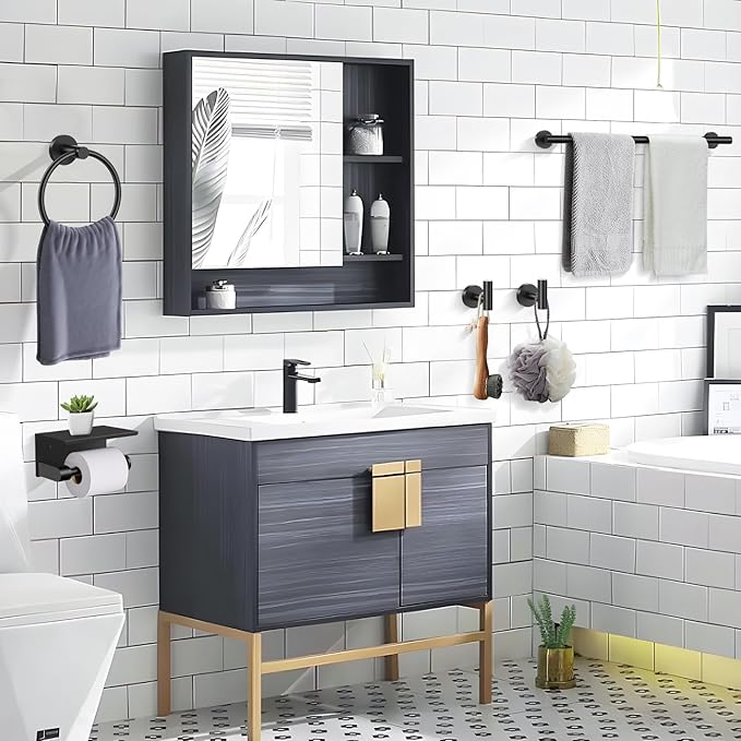 5-Piece Towel Bar Set Black Bathroom Hardware Accessories Set Upgraded Toilet Paper Holder with Shelf Towel Holder Set for Bathroom Stainless Steel Wall Mounted