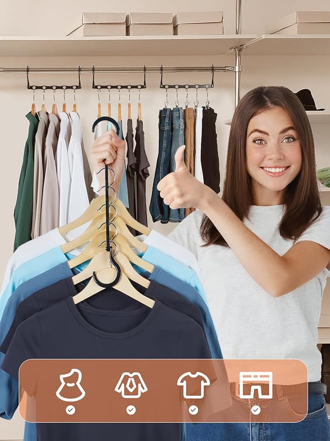 HOUSE DAY Closet Organizers and Storage, Magic Hangers Space Saving Clothes Hangers, Smart Space Saver Sturdy Plastic Hangers with 5 Holes for Heavy Clothes, College Dorm Room Essentials 8 Pack Black