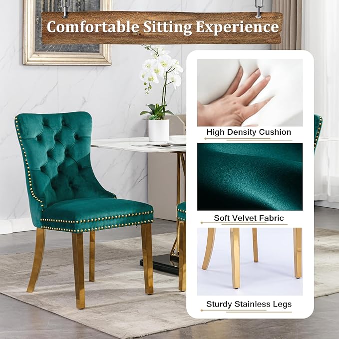 Goujxcy 70" Glass Dining Table Set for 4, Modern Gold Dining Table Set with 4 Green Velvet Upholstered Dining Chairs, 5 Piece Kitchen Dining Room Table Set with Stainless Steel Legs