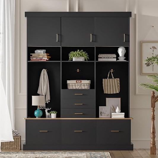 Merax 5-in-1 Hall Tree with Bench and Storage, Modern with Coat Rack, 6 Drawers, 3 Cabinets and 3-Tier Top Storage for Hallway, Entryway, Living Room, Black