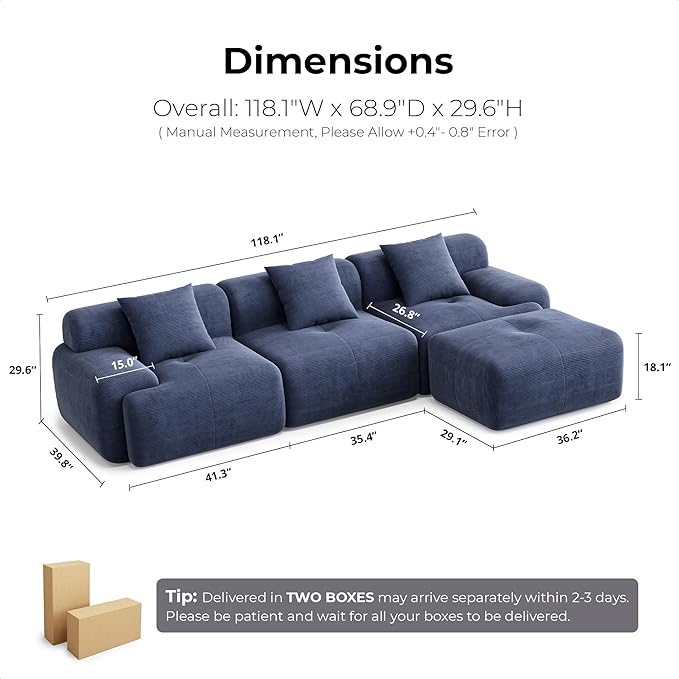 LIKIMIO 118" Modern L-Shaped Modular Sectional Sofa for Living Room, Oversized 3-Seater Cloud Boneless Couch with Deep Seat and Movable Ottoman, Corduroy Upholstery Navy Blue – No Assembly