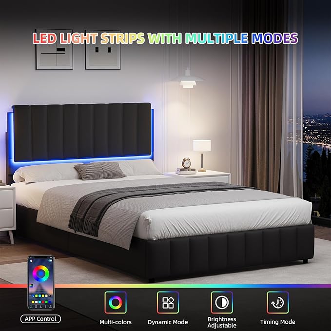 Full Size Bed Frame with LED Lights, Faux Leather Upholstered Platform Bed with Headboard and Wooden Slats Support, No Box Spring Needed, Noise-Free, Easy Assembly, Black