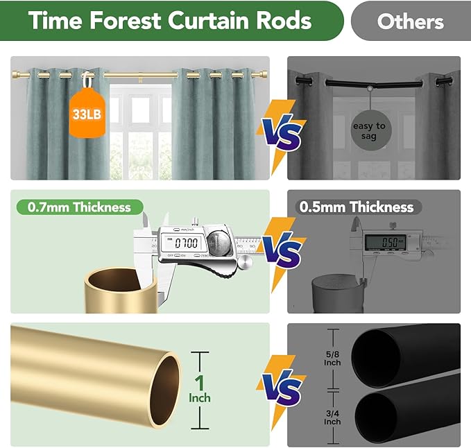 Curtain Rods for Windows 32 to 240, 1 Inch Adjustable Gold Heavy Duty Long Window Curtain Rod, Modern Outdoor Drapery Rods with Simple End Caps, Size 32"-240"