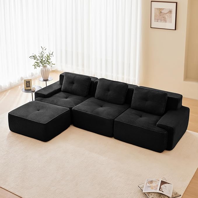Black Ottoman for Modular Sectional Sofa, Corduroy Deep Seat for Oversized Compressed Boneless Sectional Couches for Living Room Bedroom Apartment, Cloud Sofa Couch, Memory Foam, No Assembly