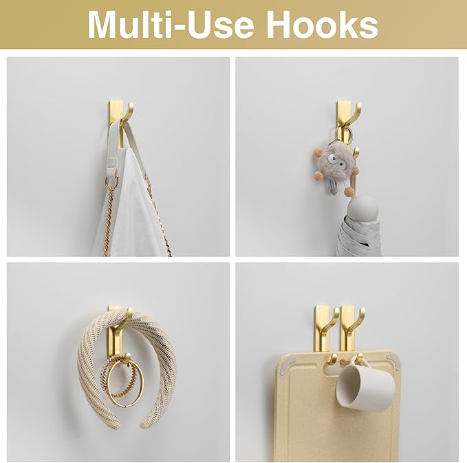 pickpiff 10-Pack Adhesive Wall Coat Hooks - Heavy Duty Stick-On Door Hanger, Metal Hook for Hanging Towel,Purse, Robe, Backpack, Jacket, Clothes - for Bathroom,Dorm, Closet, Kitchen - Brushed Gold