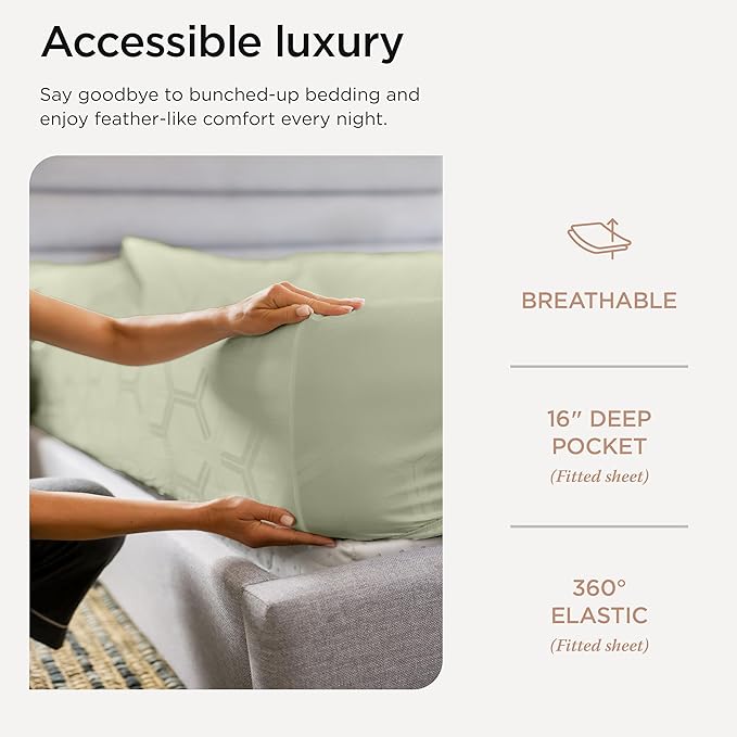 Threadmill 100% Cotton Sheets for King Size Bed - 600 Thread Count King Bed Sheets Set with 16” Deep Pocket - Jacquard Sateen Weave 4-Piece Bedding Set with Cooling Effect, Sage Green