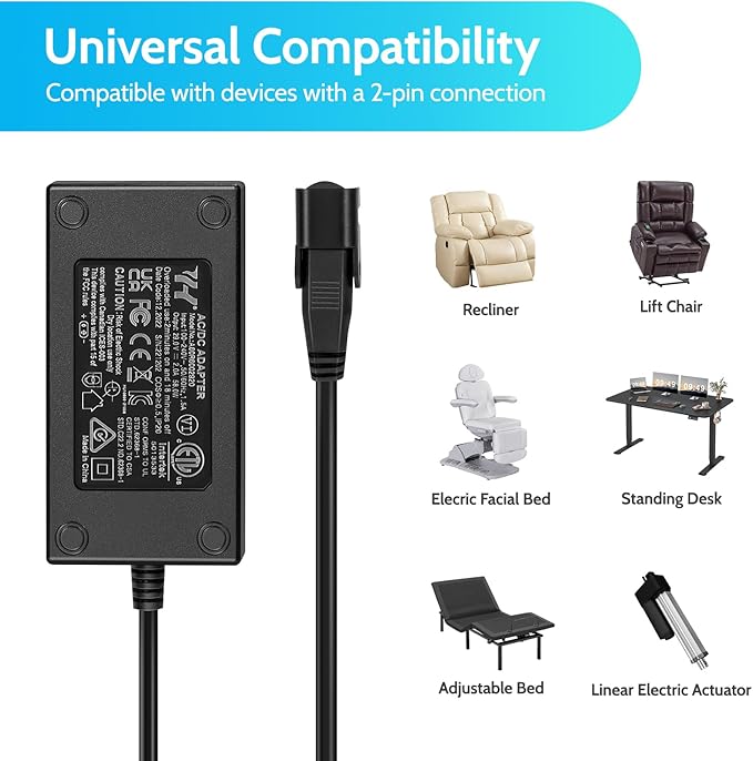Sopito Recliner Power Supply Universal 29V 2A AC/DC Adapter 100-240V with Longer Power Cord, 2-Pin Switching Transformer, Replacement Part for Recliner Sofa/Lift Chair/Electric Couch/Standing Desk