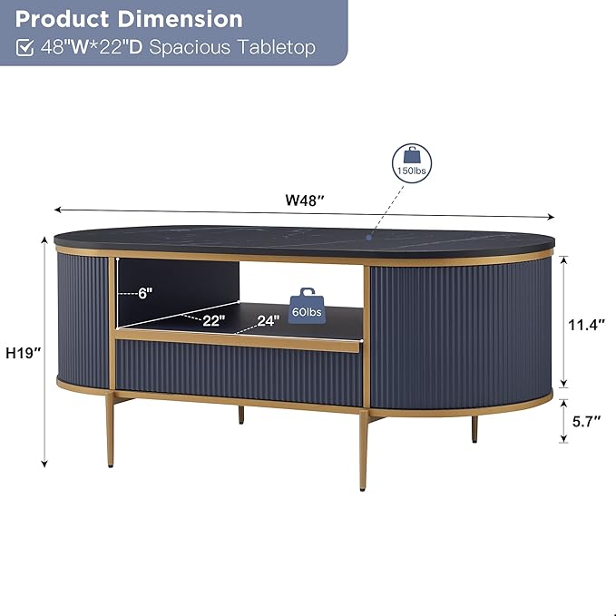 OKD Modern Luxury Fluted Coffee Table, 48" Oval Coffee Table with Drawer, Faux Marble Top, Curved Profile Design, Gold Metal Decor, Center Table for Living Room, Navy Blue