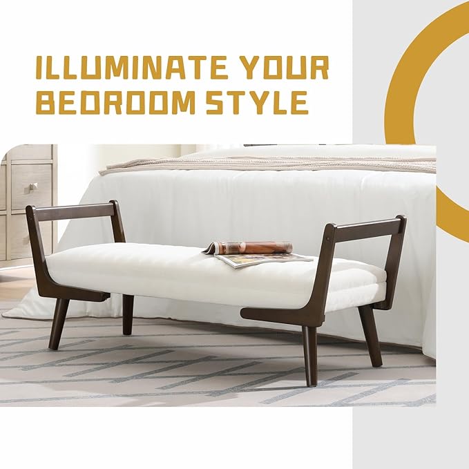 52“ Upholstered Bench for End of Bed, Mid-Century Modern Bedroom Ottoman with Soft Chenille Fabric & Walnut Wood Legs, for Living Room, Entryway (Beige)