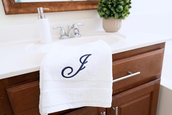 White Monogrammed Hand Towels for Bathroom - Luxury Hotel Quality Personalized Initial Embroidered Towel for Powder Room, Spa - GOTS Organic Certified - Set of 2 Navy Letter J