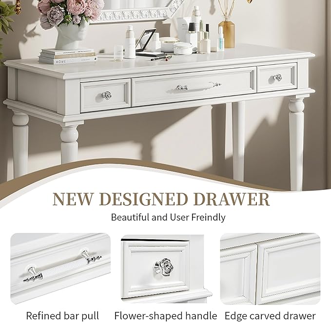 Merax Retro Makeup Vanity Desk with Large Mirror, 39.3 Inch Dressing Table with 3 Drawer for Jewelry Storage, Small Exquisite Console Table for Entryway Living Room Bedroom Hallway Foyer, White