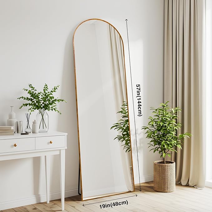 Arched 19x57 Inch Full Length Mirrors Aluminium Frame in Classic Yellowish Brown Wood Looking Free Standing Floor Mirror Full Body Wall Mounted for Bedroom Living Room and Hallway