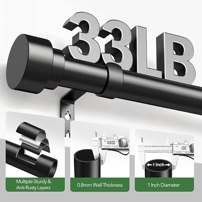 Time Forest Black Curtain Rods for Windows 28 to 48 Inch (2.3-4 Feet), 1 Inch Diameter Adjustable Heavy Duty Curtain Rod, Modern Style Indoor Outdoor Window Drapery Rods with End Caps, Size 32"- 60"