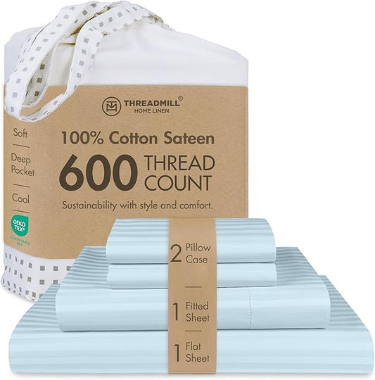 Threadmill 100% Cotton Sheets for King Size Bed - 600 Thread Count King Bed Sheets Set with 16” Deep Pocket - Damask Stripe Sateen Weave 4-Piece Bedding Set with Cooling Effect, Blue