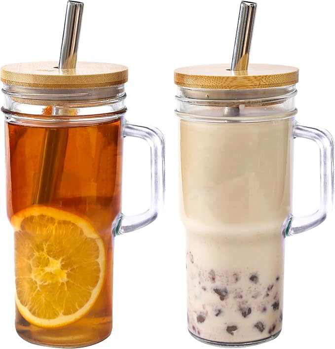 Glass Cups with Lids and Straws - 24oz glass tumbler with bamboo lids and straw Boba Cup